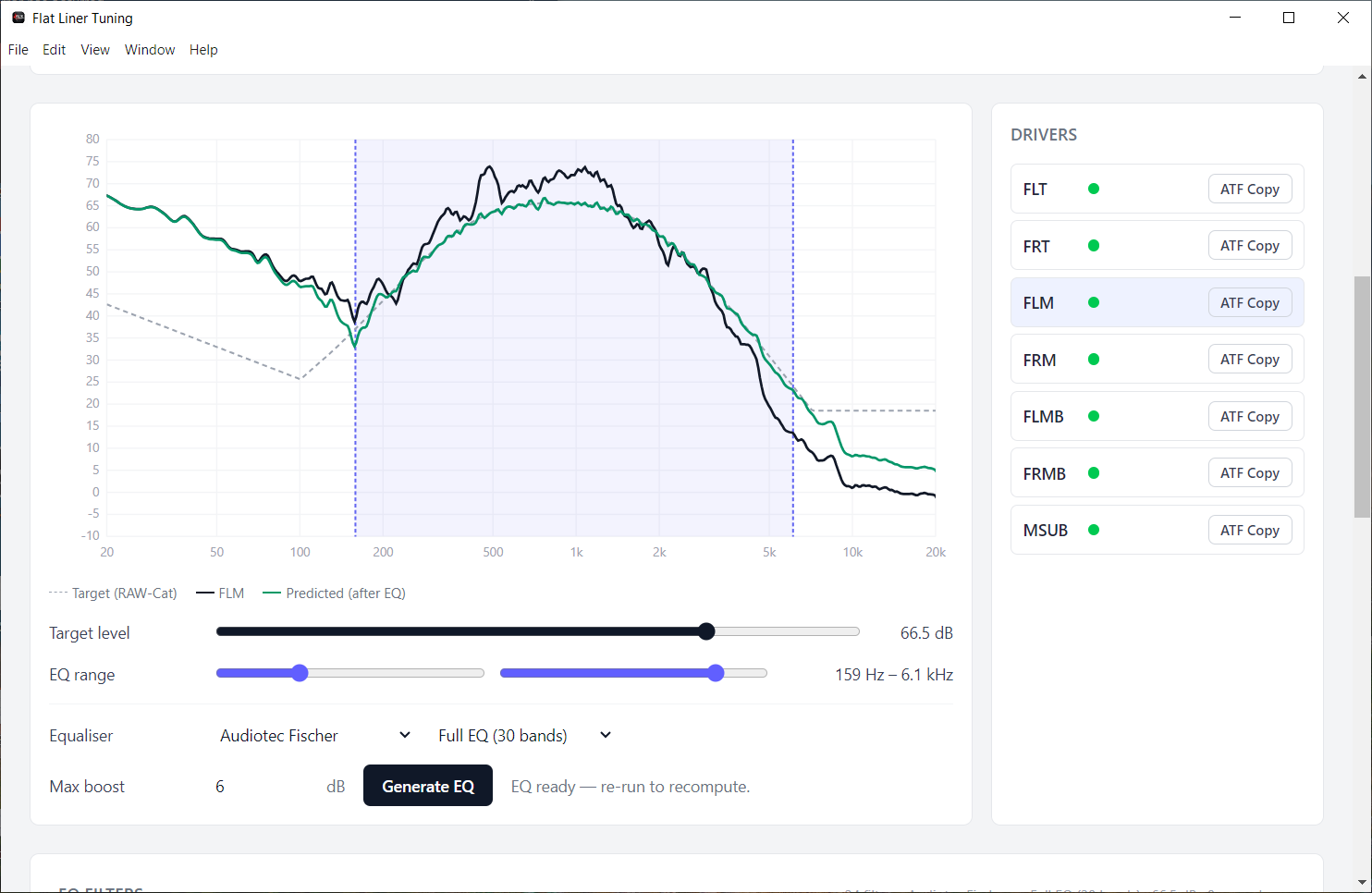 EQ generation screen with measured, target, and predicted-after-EQ curves