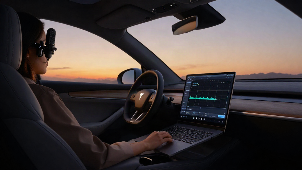 Measurement microphone on a tripod inside a car, used for DSP tuning